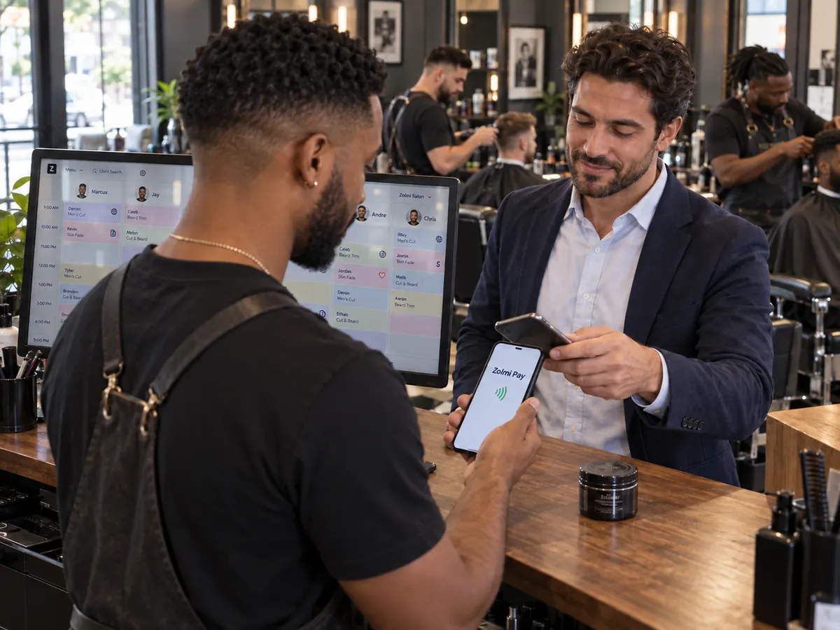 Barber at reception accepting a client’s phone payment with Zolmi Pay, beside a monitor showing the appointment calendar.