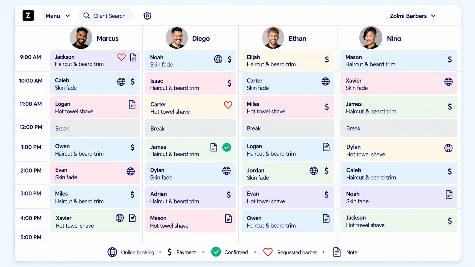 Zolmi barbershop calendar showing barber schedules, appointments and online bookings in the United States.
