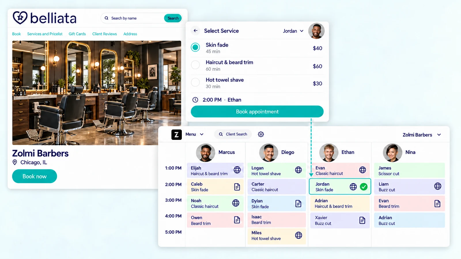 Barbershop online booking page with the appointment added to the Zolmi calendar.
