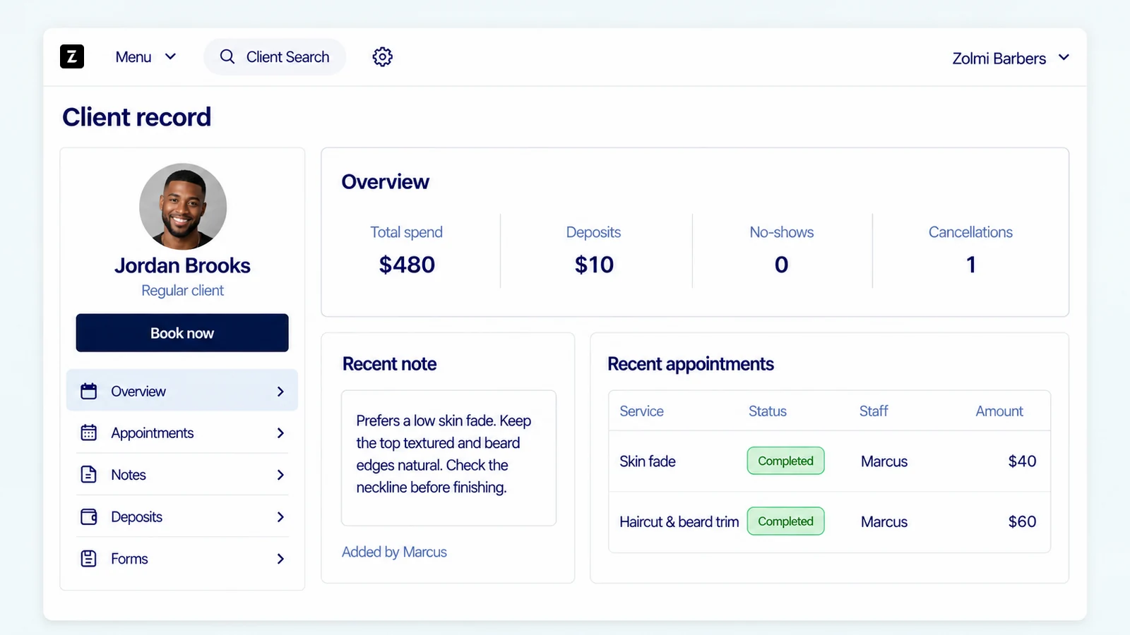 Zolmi barbershop client record showing visit history, preferences, deposits and spending in USD