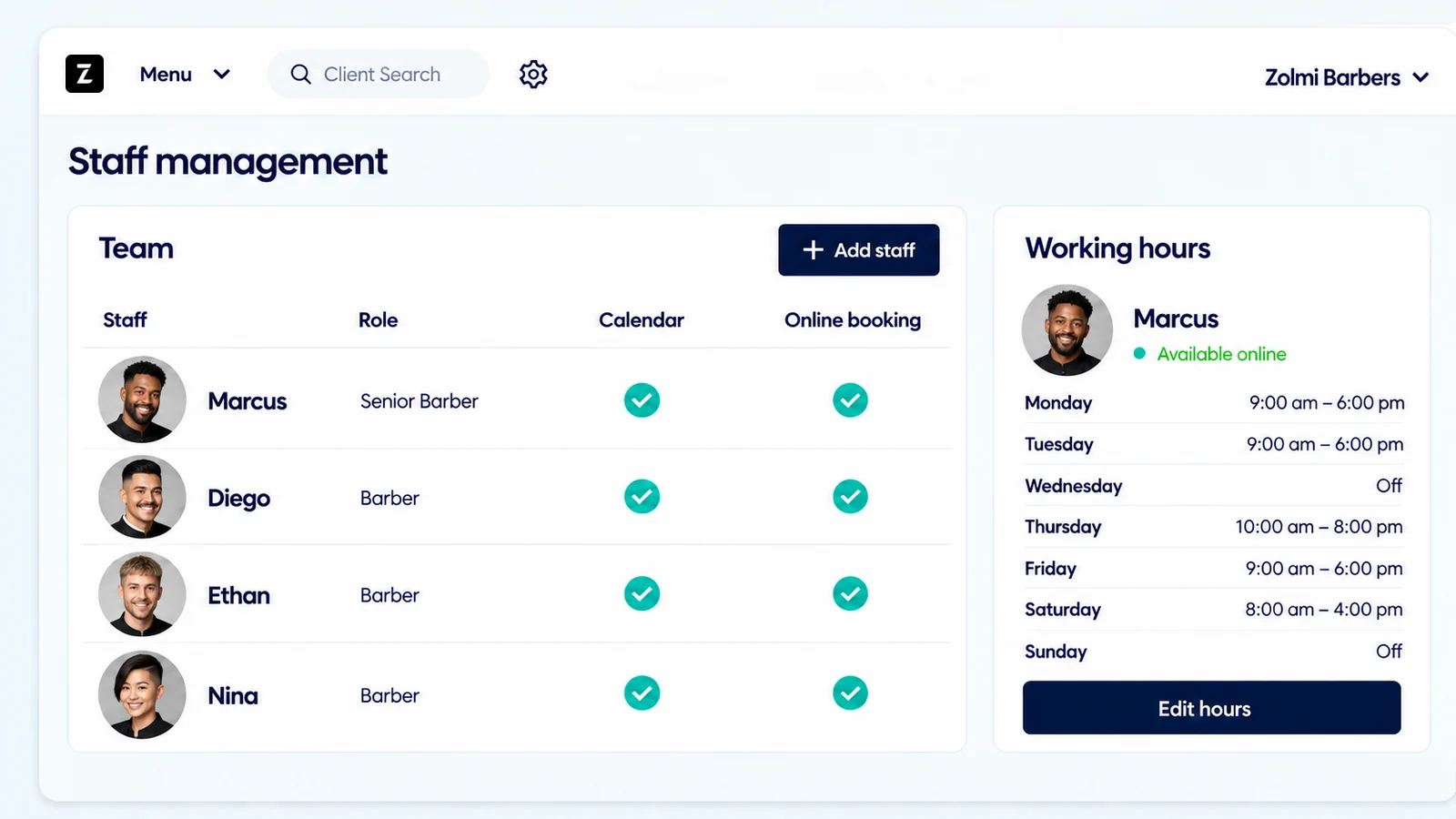Zolmi barbershop staff management showing team roles, working hours and online-booking availability.