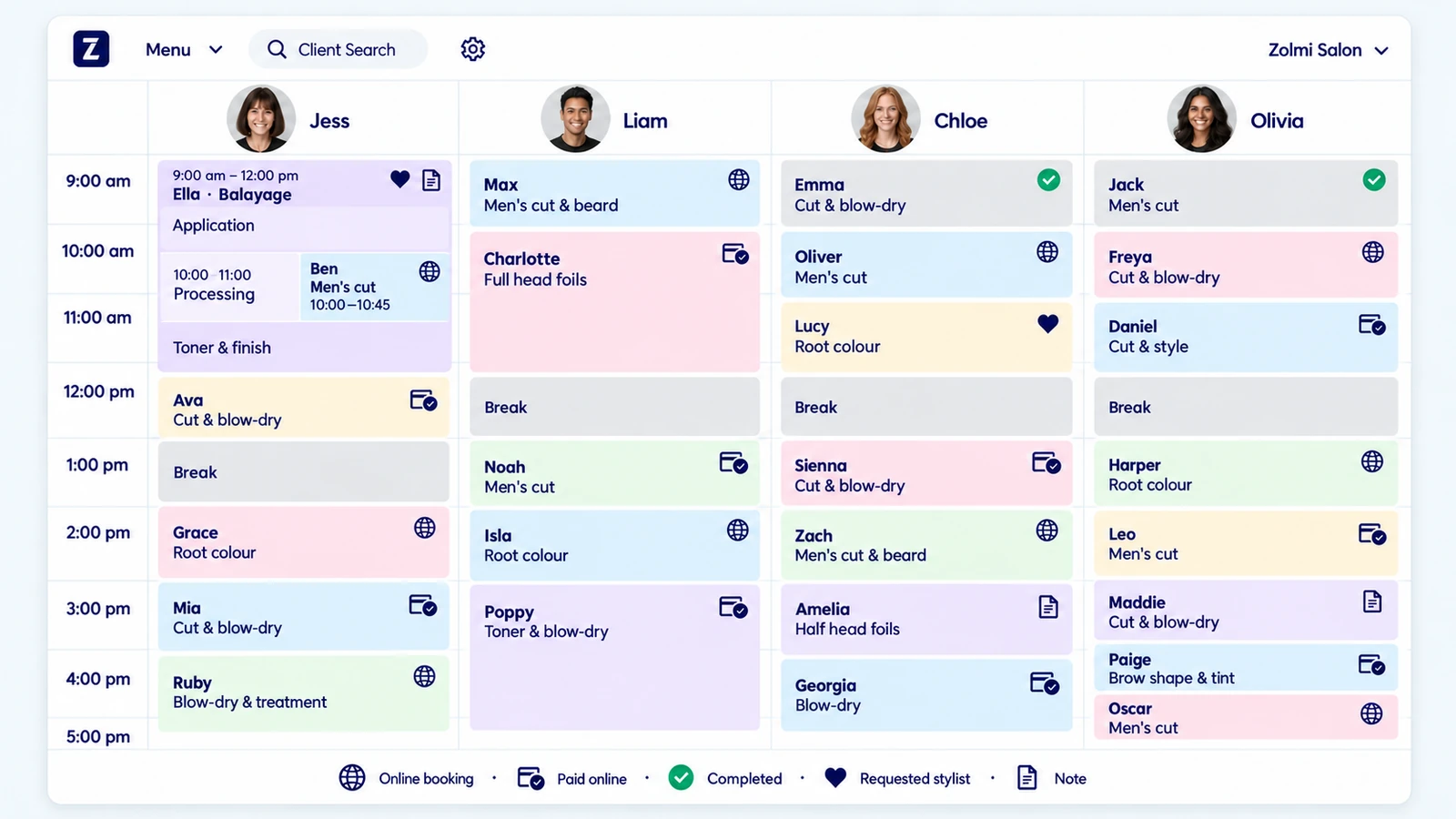 Zolmi salon calendar showing staff schedules, appointments, services and prices in USD.