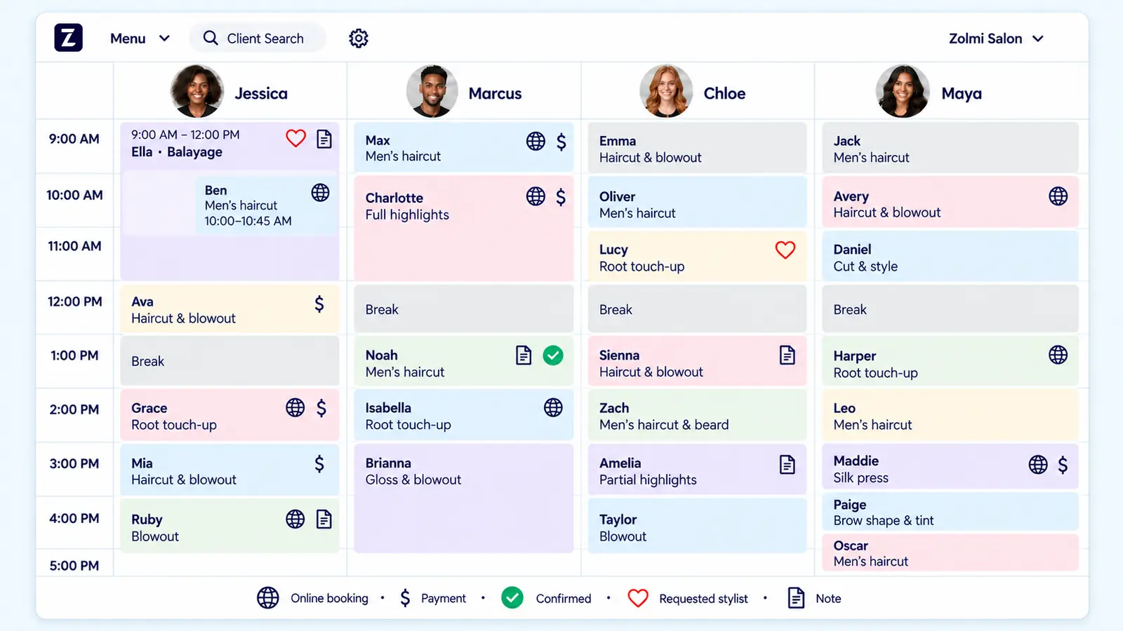 Zolmi salon calendar showing staff schedules, appointments, services and prices in USD.