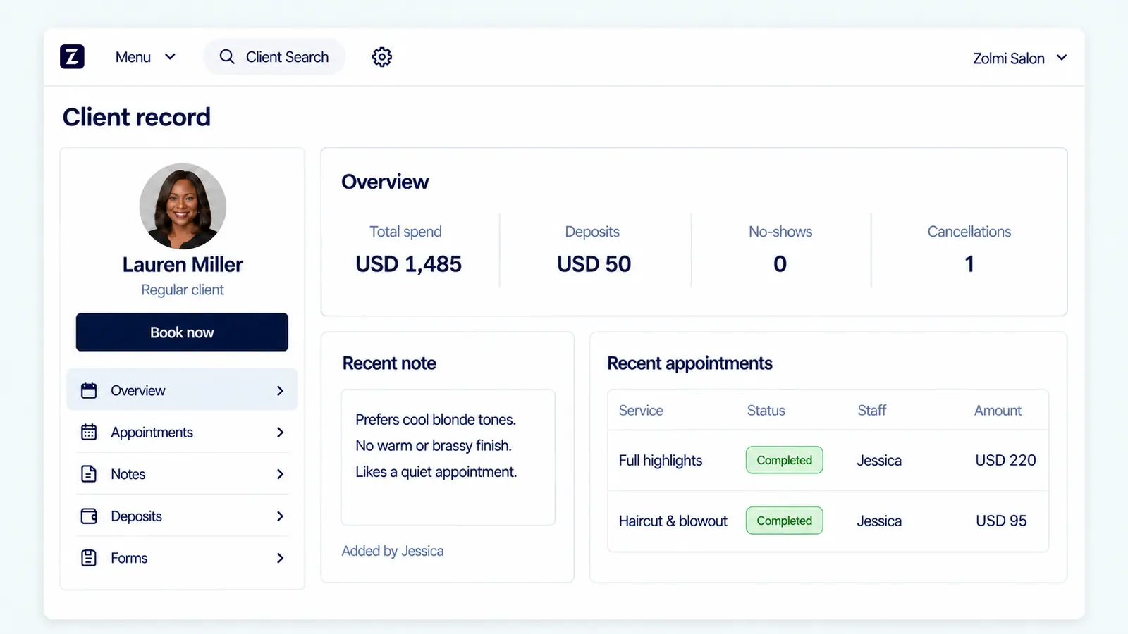 Salon client record showing appointment history, notes, and client overview.