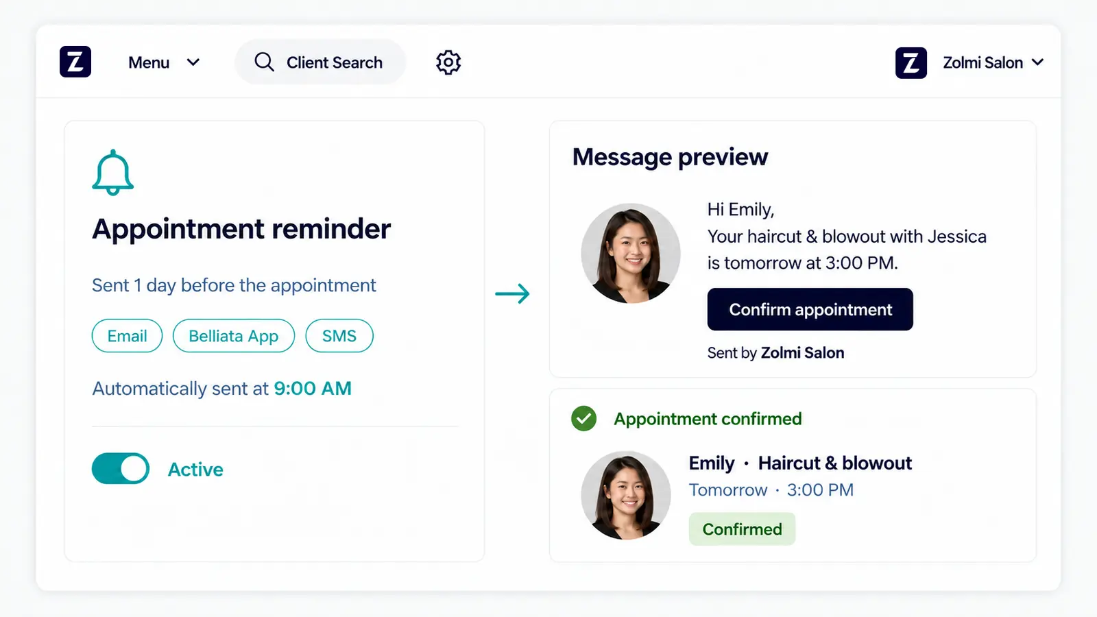 Salon appointment reminder settings and a preview of an appointment confirmation message.