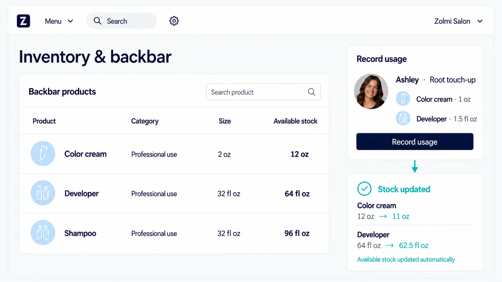 Salon inventory list showing backbar products, available stock, and recent product use.