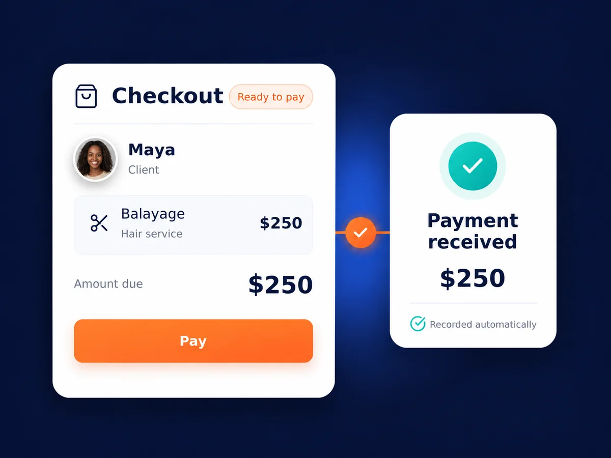 Zolmi salon checkout showing a $250 balayage service and payment received.