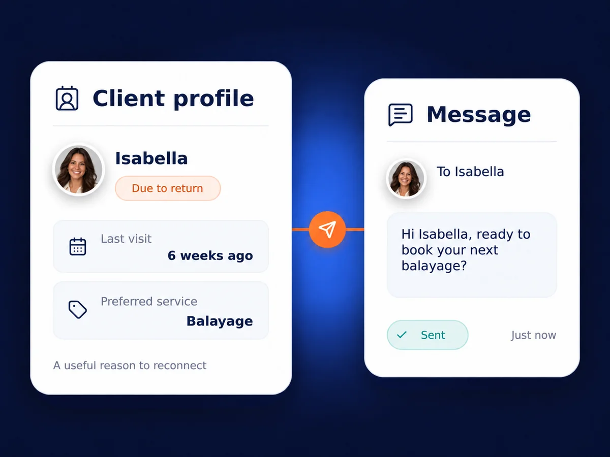 Salon client profile linked to a personalized message to book the next balayage appointment.